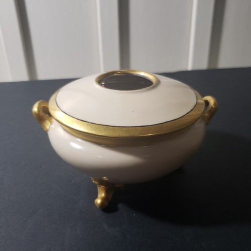 Vtg Footed Porcelain Hair Receiver Signed Ivory/Gold Trim Iridescent Inside - Foto 9 di 14