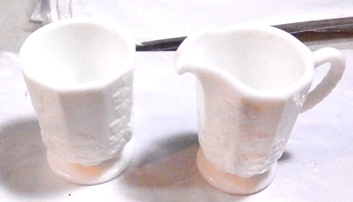 Vintage Westmoreland Milk Glass Creamer & Sugar Bowl Paneled Grape B1B