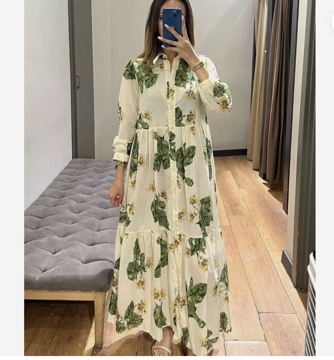 ZARA WOMAN FLORAL PRINT MIDI DRESS Long sleeves GREEN 2183/072 XS
