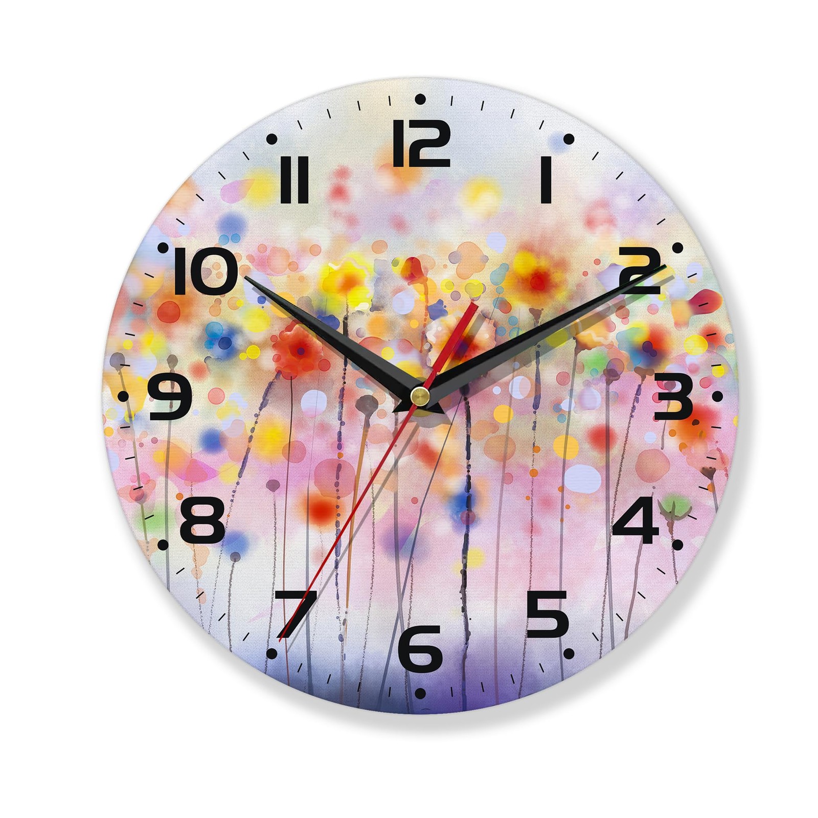 Wall Clock Colorful Floral 10 Inch, Summer Small Battery Operated Decorative