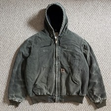 VTG Carhartt J130 MOS Green Faded Distressed Hooded Jacket Men Sz L Quilt Lined