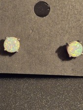 Sterling Silver Round White Opal Stud Earrings