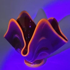 Vtg Viking Glass Ruby Red Amberina Epic Loop Crimped Dish Bowl 7.5"T Edge GLOWS