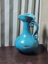 Vintage Turquoise Vase Pitcher Wine Jug With Pouring Handle 11" Tall 7" DIA NEW