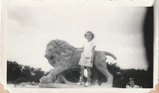 Found Vintage Photo Girl and Stone Lion and Snake Graffiti Statue 1107
