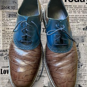 Vintage Cole Haan brown faux alligator leather and blue leather upper dress shoe Cole Haan Men Great Jones Saddle Alligator Blue Sole Brown  main image 4