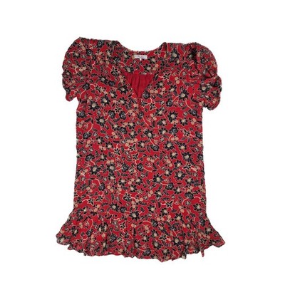 Parker NY Red Bali Floral Ruched Cap Sleeved Ruffled Hem Silk Dress Womens Small