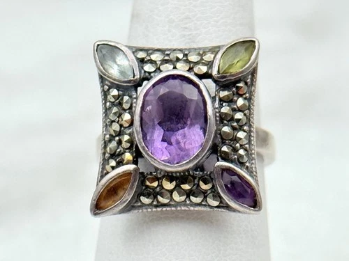 Vintage Sterling Silver Marcasite Multi Stone Amethyst Platter Cocktail Ring