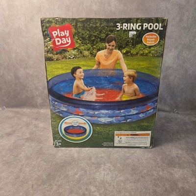 Play Day 3-Ring Inflatable Pool Blue Shark Print 5.5ft Wide Kids Wading Pool NEW