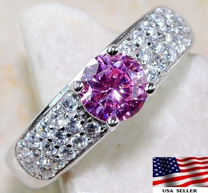 2CT Heat Treated Pink Topaz 925 Sterling Silver Ring Sz 8 &1-2