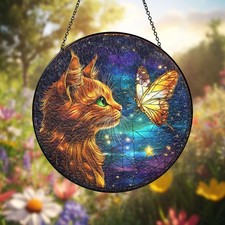 Stained Glass Cat Flower Suncatcher   Beautiful Cat Glass Art with Monarch