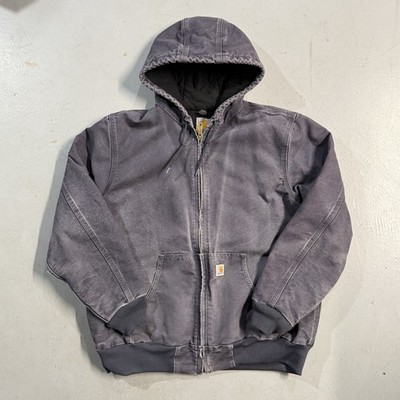 Carhartt Jacket WJ130 COA Women L Gray Blue Washed Duck Lined Coat Hood Distress
