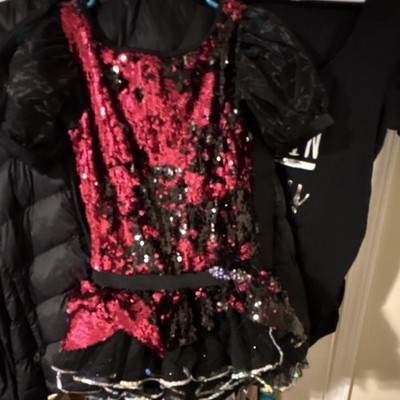 Girls Red Black Sequin Dancewear Puff Sleeve Tutu Skirt Outfit
