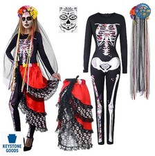 Day of the Dead Costume Set for Women Skeleton Bodysuit Skull Lace Bustle