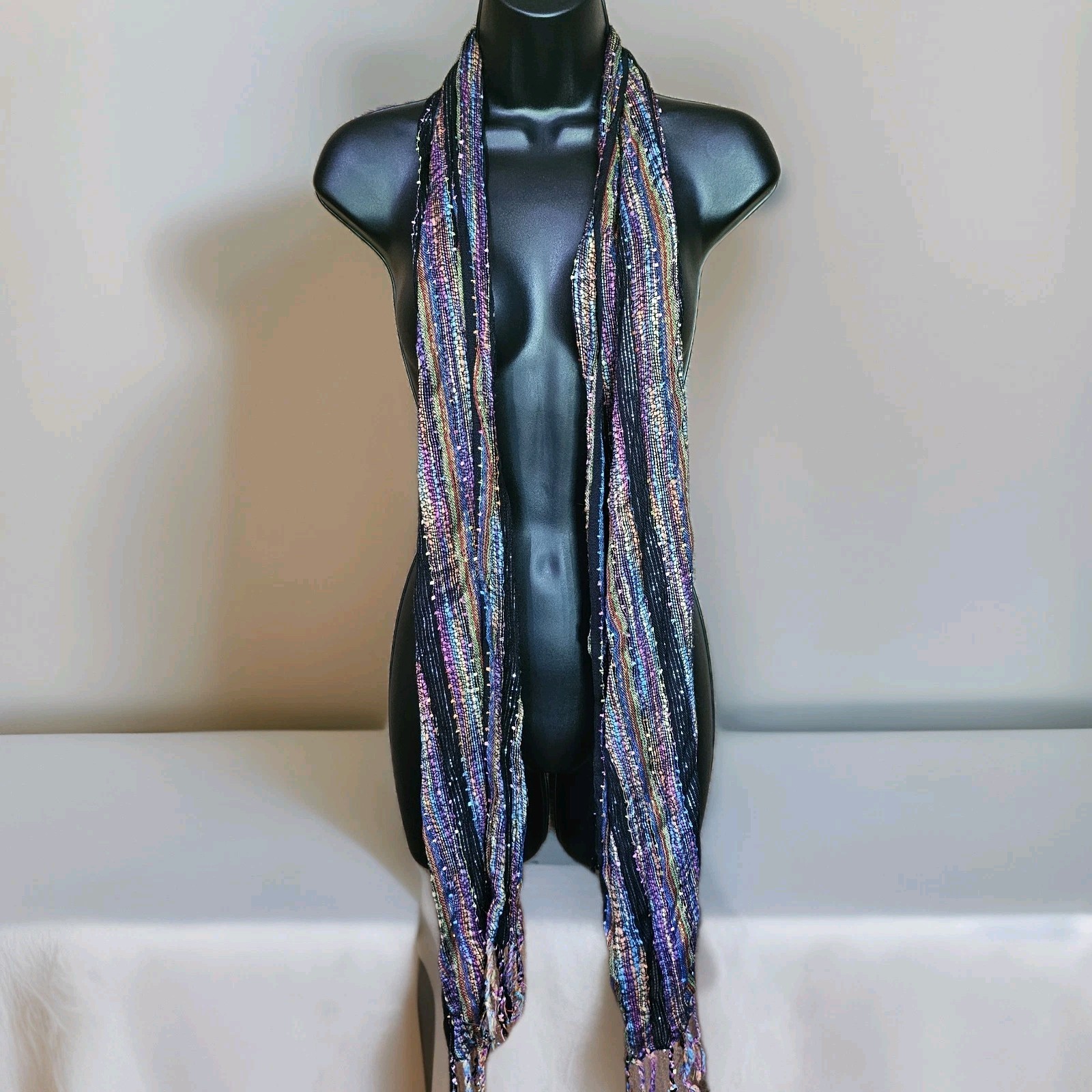 Vintage Boho Fringe Scarf Black Multicolor 68 x 13 Inches Hippie Style