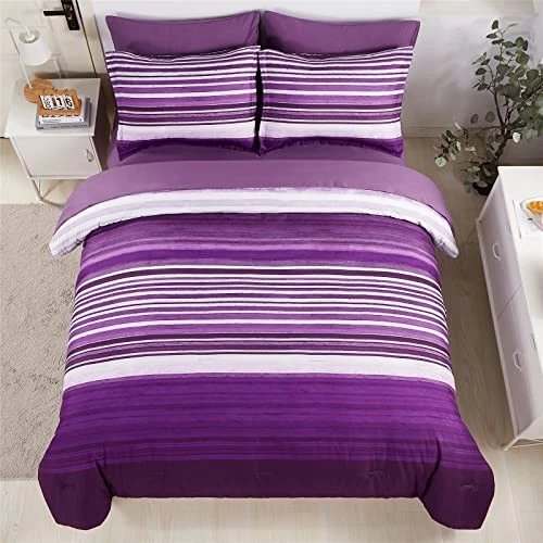  Juego de edredón a rayas cama en bolsa de 7 piezas tamaño queen, blanco y morado  Foto 3 de 4