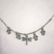 Jan Palmer Silver Tone Dragonfly Flower Necklace w Blue Rhinestones 14.5-16.5"