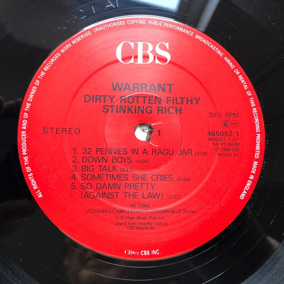 Warrant dirty Rotten Filthy stinking Rich 1988 Uk Cbs Vinyl Lp 465052 1 Ex Foto 4 de 4