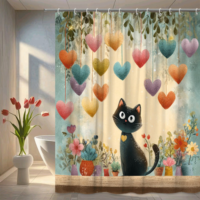 Whimsical cat sitting among hanging hearts and potted flowers indoor scene