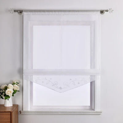 Raffrollo mit Tunnelzug Raffgardinen Fenstergardine Modern Bestickt Küche Weiß - Bild 1 von 4