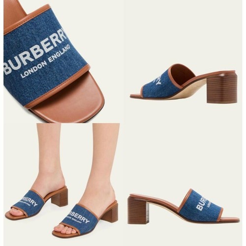 NWT BURBERRY Wilma Logo Blue & Brown Broad Strap Square Open Toe Mules Size EU38 - Picture 2 of 12
