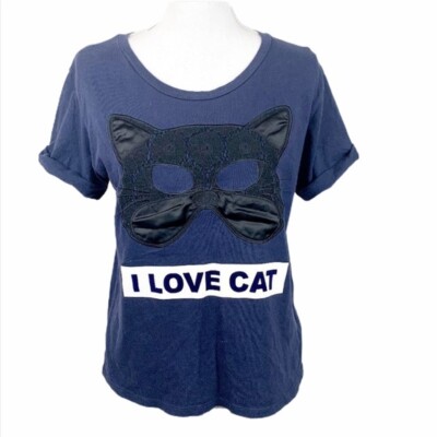I Love Cat Shirt Women Medium Blue Short Sleeve Tee Mask Graphic Casual B+AB