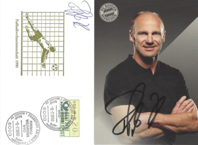 2 autographs special envelope SST + POSTCARD Hansi Pflügler football world champion 90 XYZ 