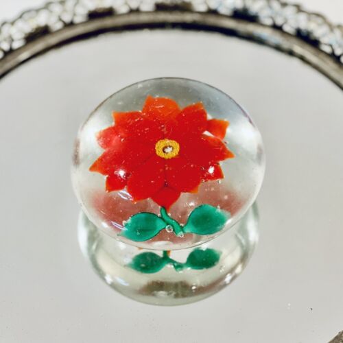 Vtg Art Glass Paperweight Early 1930s Red Chinese Poinsettia Flower