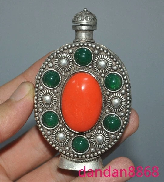 Tanque de armazenamento de rapé 3,2" antigo porcelana prata tibetana incrustada Gem Medicine - Imagem 4 de 4