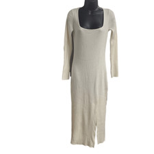 Women’s Ribbed Knit Sweater Dress Bodycon Maxi Square Neckline White Slit NWOT