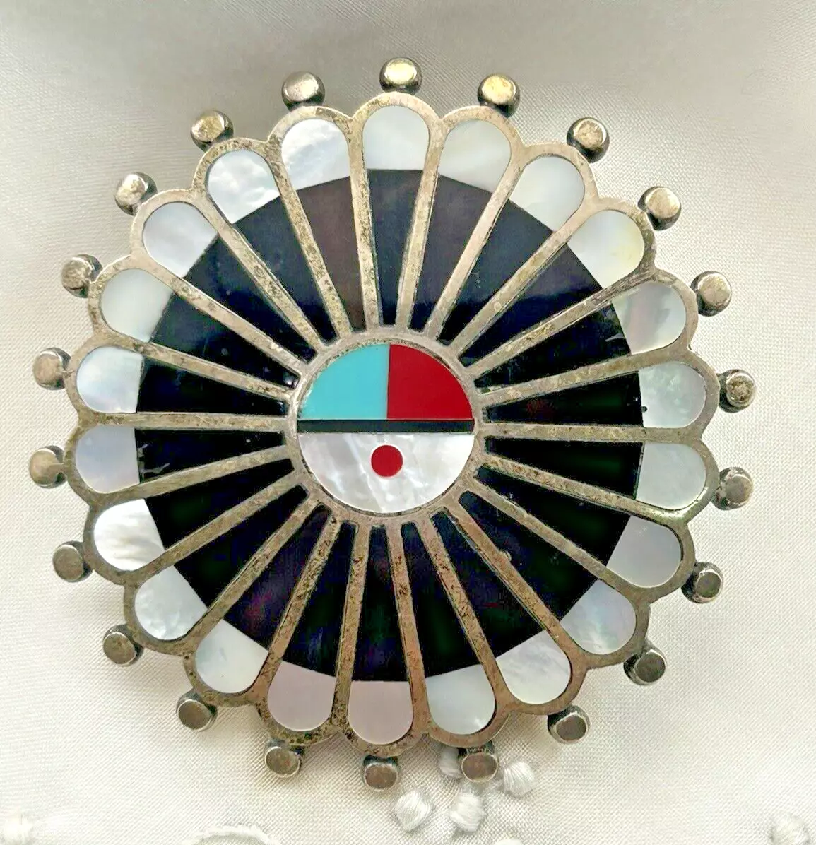 Large ZUNI Kachina Sun Face Turquoise Mosaic Pendant Brooch
