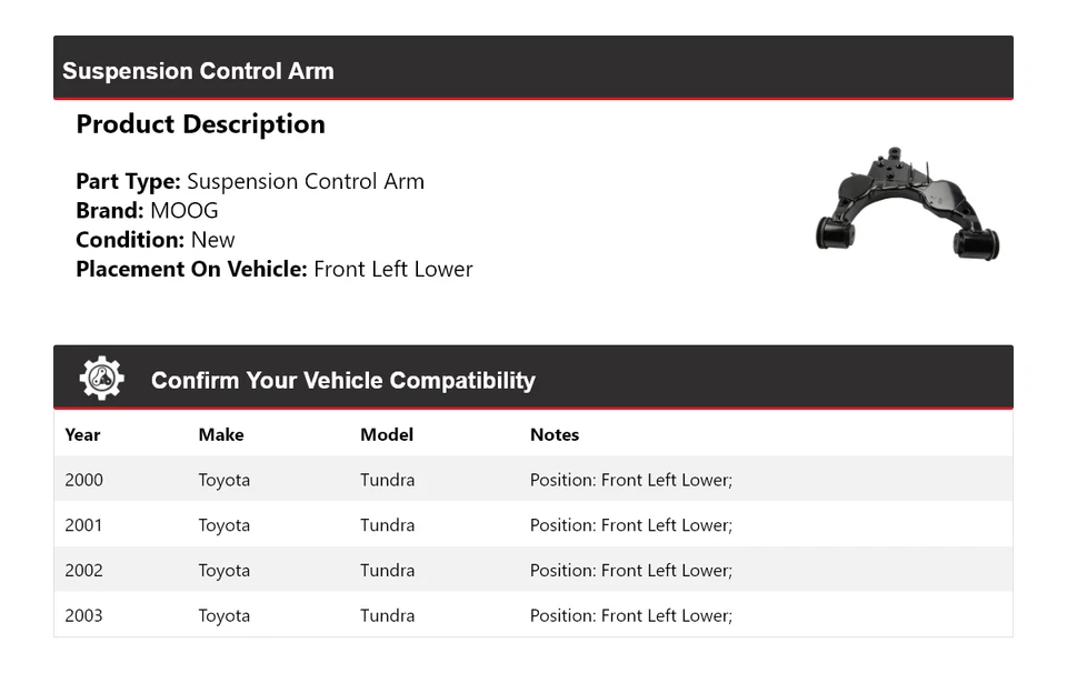 Brazo de control de suspensión delantero izquierdo inferior MOOG 2000-2003 Toyota Tundra Foto 2 de 4