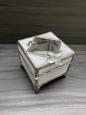 VTG Leaded Colored Stained Glass Footed Jewelry Trinket Box W/ Butterfly