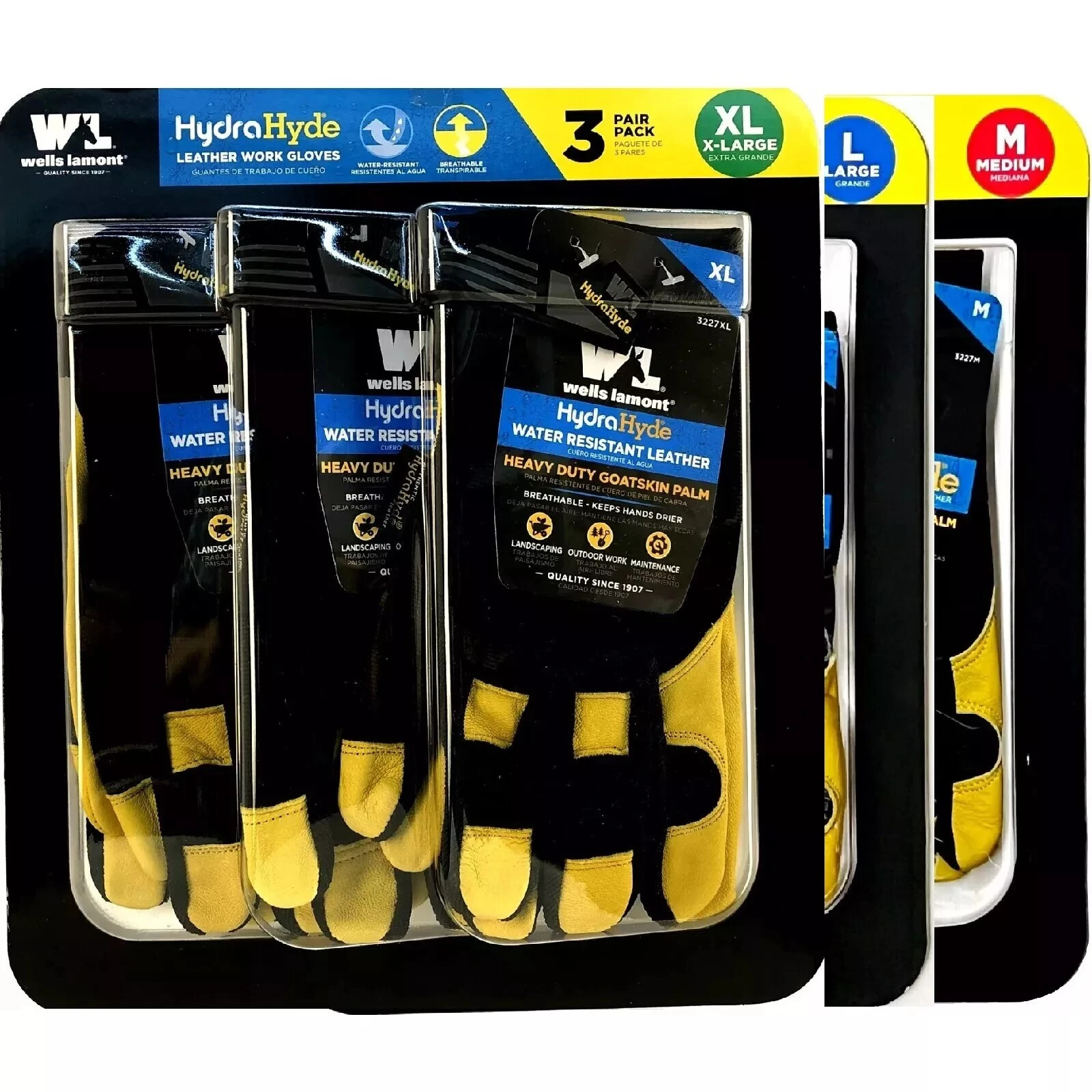 Men's Wells Lamont HydraHyde Leather Work Gloves, 3 pk Multi Sizes, Black/Yellow