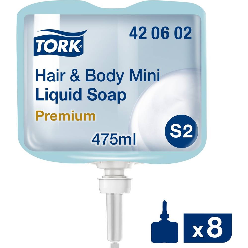 Gel douche et shampooing 2 en 1 Tork 420602 formule douce pour peaux sensibles 8x475ml