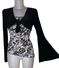 90s Y2k Womens Black White Floral Asymmetric Whimsigoth Coquette Top Sz L FLAW