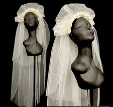 Vintage 80s 90s wedding veil bridal headpiece Fashioned by Fern puff pearl tulle