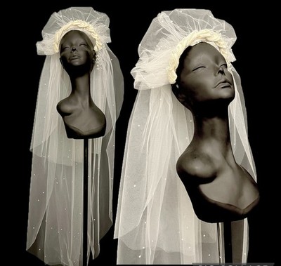 Vintage 80s 90s wedding veil bridal headpiece Fashioned by Fern puff pearl tulle