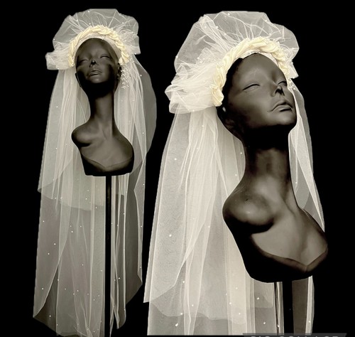 Vintage 80s 90s wedding veil bridal headpiece Fashioned by Fern puff pearl tulle