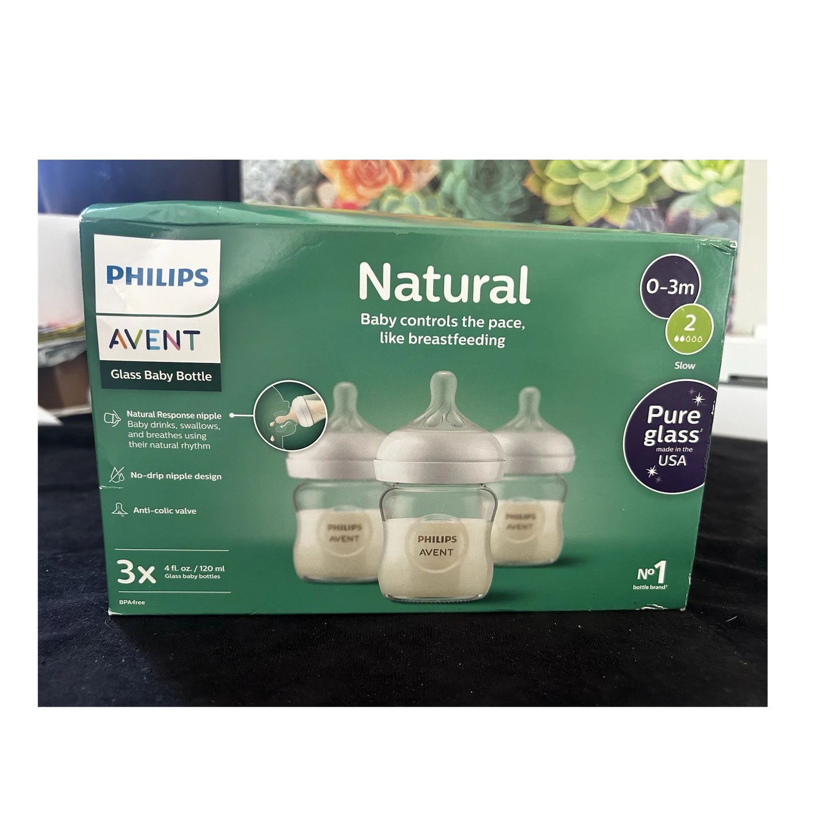 Philips AVENT Natural Glass Baby Bottle Set 3-Pack 4oz/120ml Slow Flow