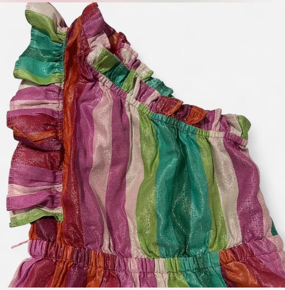 Vestido Crewcuts Niñas Un Hombro Brillante Puesta de Sol Rayas Talla 5 J.Crew Niños Vacaciones Foto 4 de 4