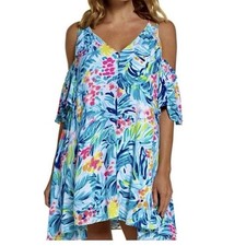 Lilly Pulitzer Serene Blue Bellamie Dress Cold Shoulder Lightweight Beach LARGE