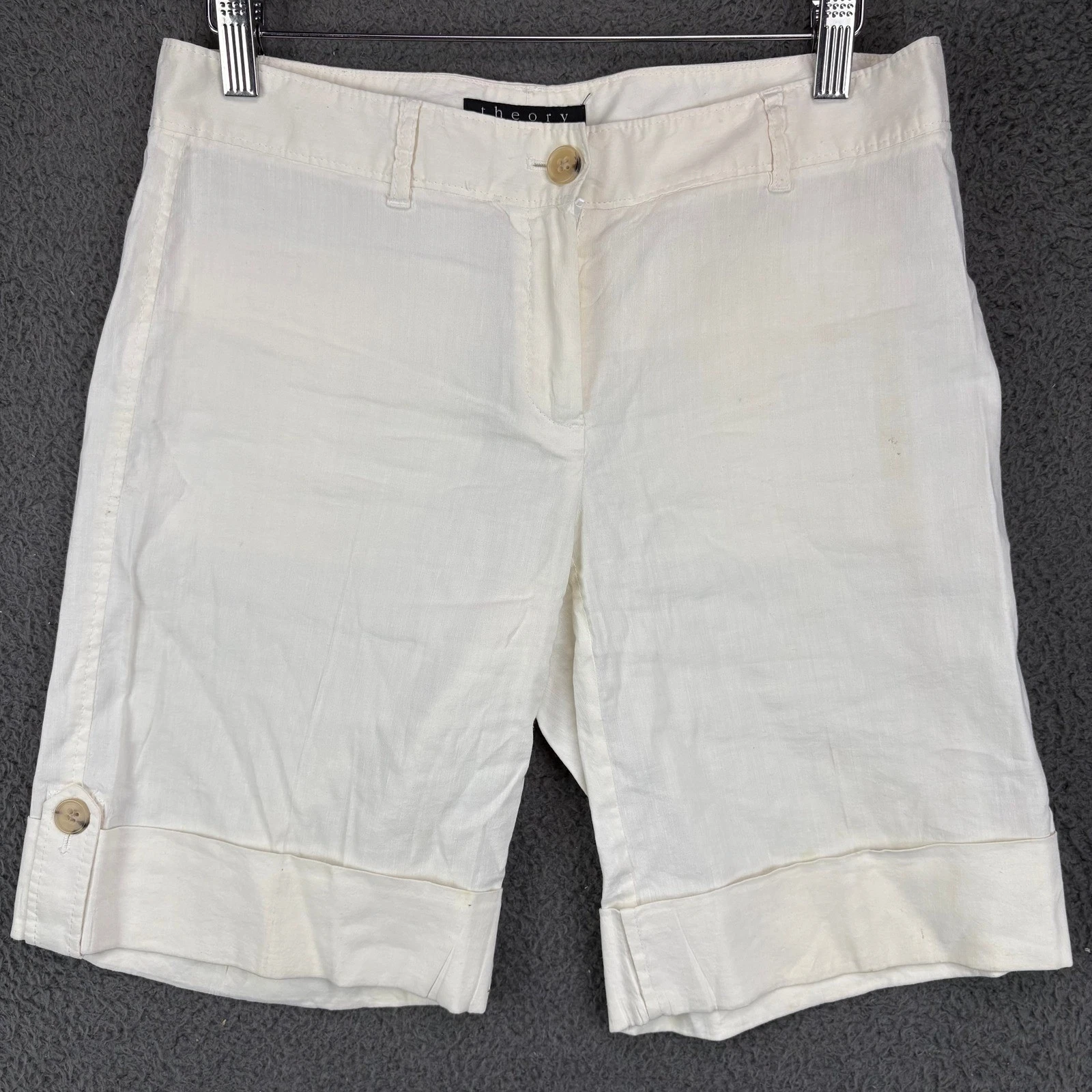 Theory Women White Linen Cuffed Bermuda Shorts Size 4 Cargo Pockets Classic