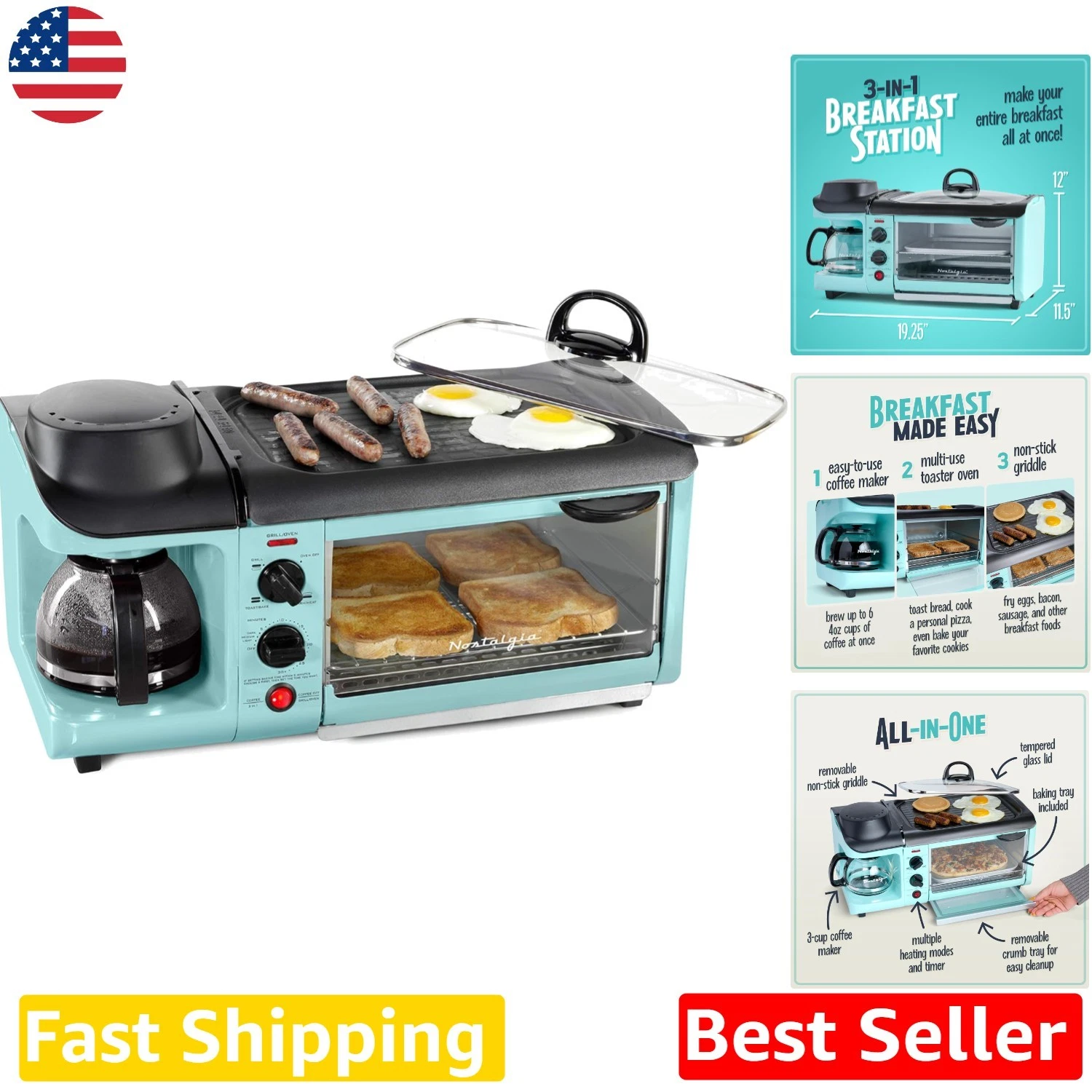Compact Aqua Breakfast Station: Coffee, Non-Stick Griddle, 4-Slice Toaster Oven