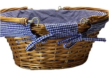 VTG Wicker Basket With Handles,| Blue And White Gingham Liner With Ties 14”X10”