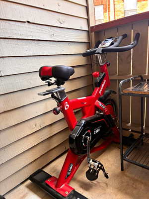 pooboo C580 Upright Magnetic Exercise Bike, Adjustable Seat, LCD, Red/Black