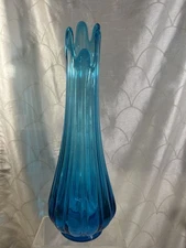 Vintage MCM L.E. Smith Blue Glass Swung Vase Ribbed 19”