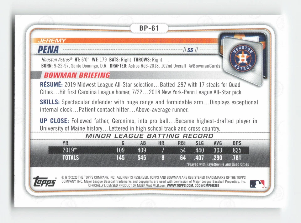 2020 Bowman 1st Edition #BFE-61 Jeremy Pena Near Mint or Better - Image 2 of 2