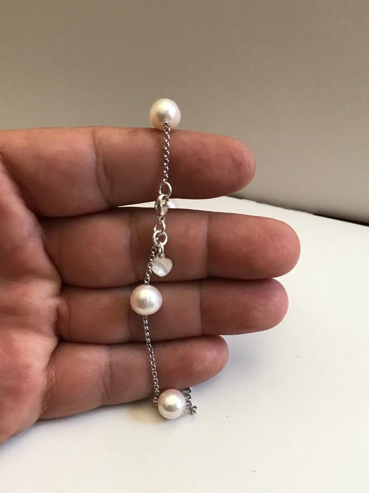 PLATA ESTERLINA 925 TOBILLERA CON PERLAS REDONDAS BLANCAS HECHAS POR EL HOMBRE DE 8 MM/ 10""  Foto 3 de 4