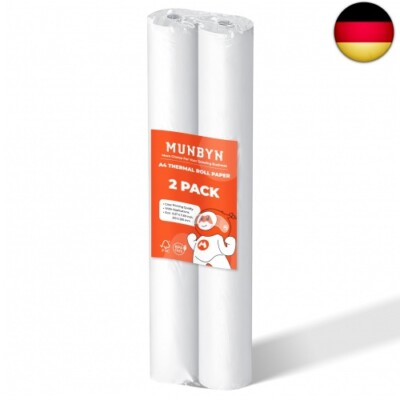 MUNBYN Thermopapier A4 210 x 297mm, 2 Rollen Thermo Druckerpapier A4, Thermo